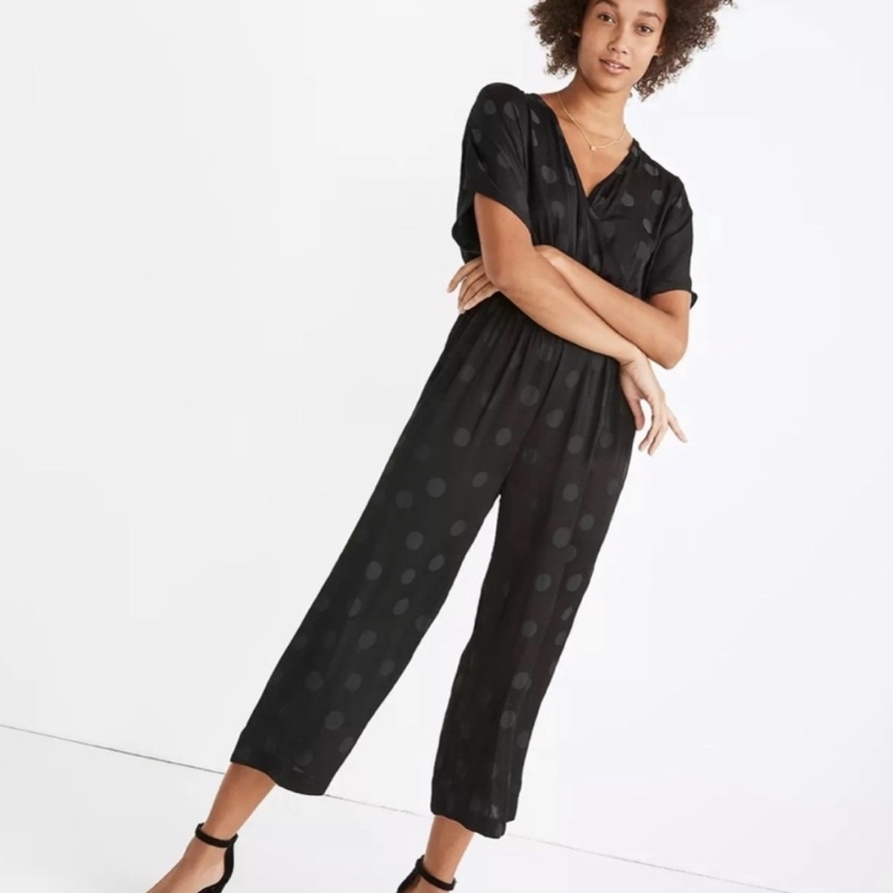 madewell black polkadot jumpsuit, size small